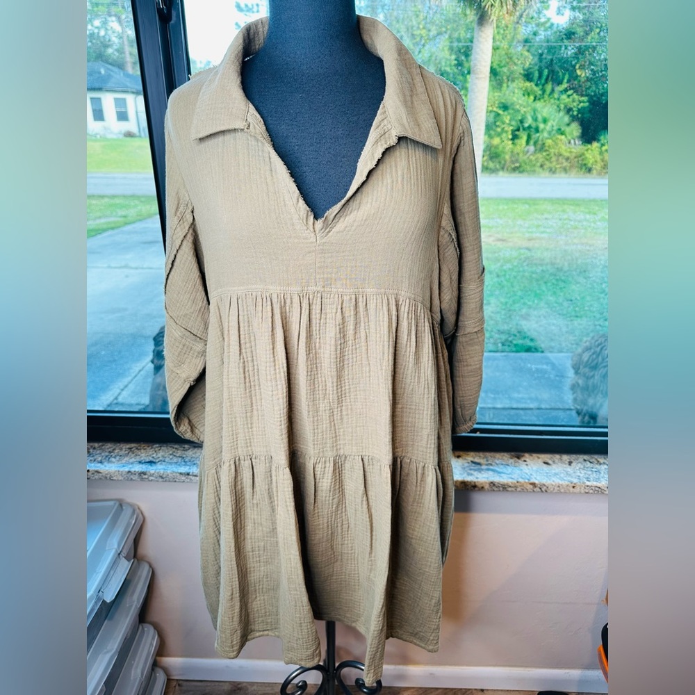 & Merci Olive Collared Long Sleeve Tiered 100% Cotton Dress Size Large NEW